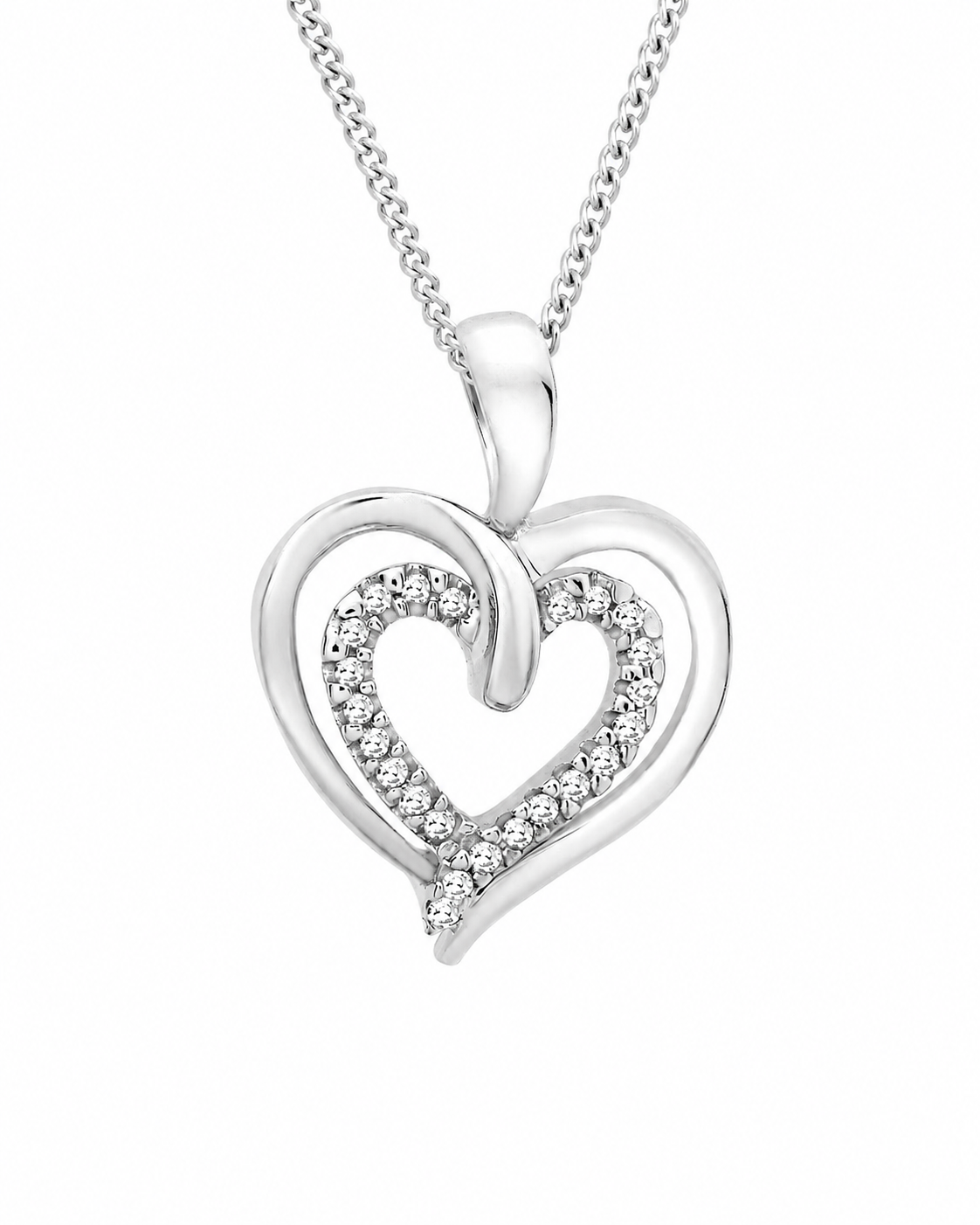 9ct White Gold 0.07ct Diamond Double-Heart Pendant