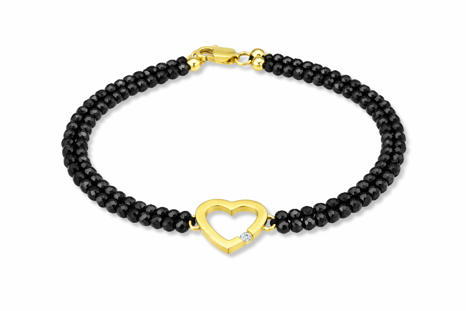 9ct Yellow Gold 0.03ct Diamond Set Heart Charm Black Spinel Bracelet