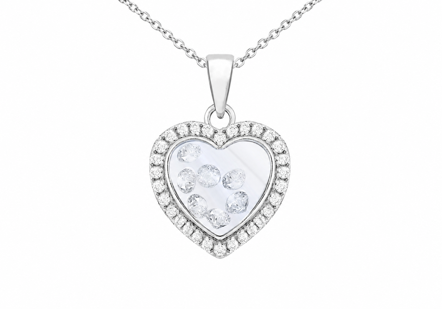 Sterling Silver Floating Zirconia Heart Pendant Necklace