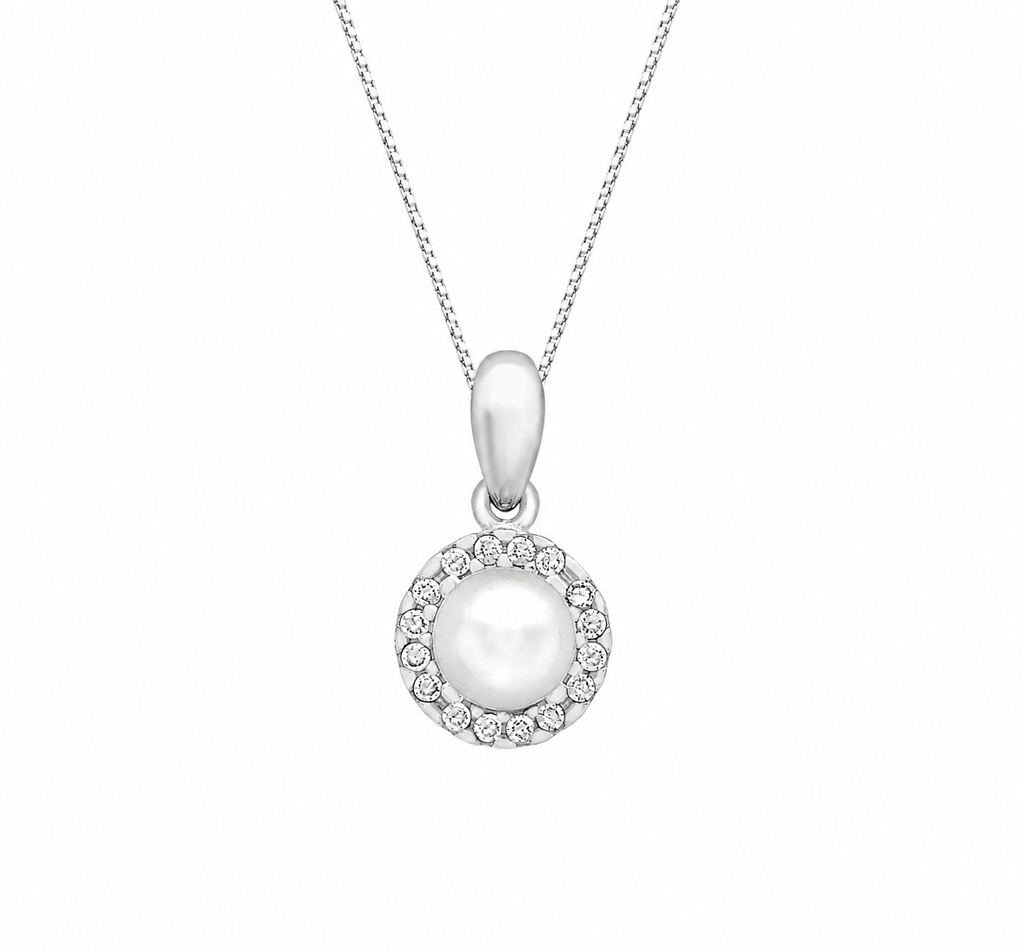 9ct White Gold Freshwater Pearl & Zirconia Halo Pendant