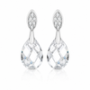 A pair of silver-tone teardrop dangle earrings with marquise-shaped top sections set with small clear stones, hanging from silver posts with large faceted clear teardrop gemstones below, shown on a white background with a soft reflection.