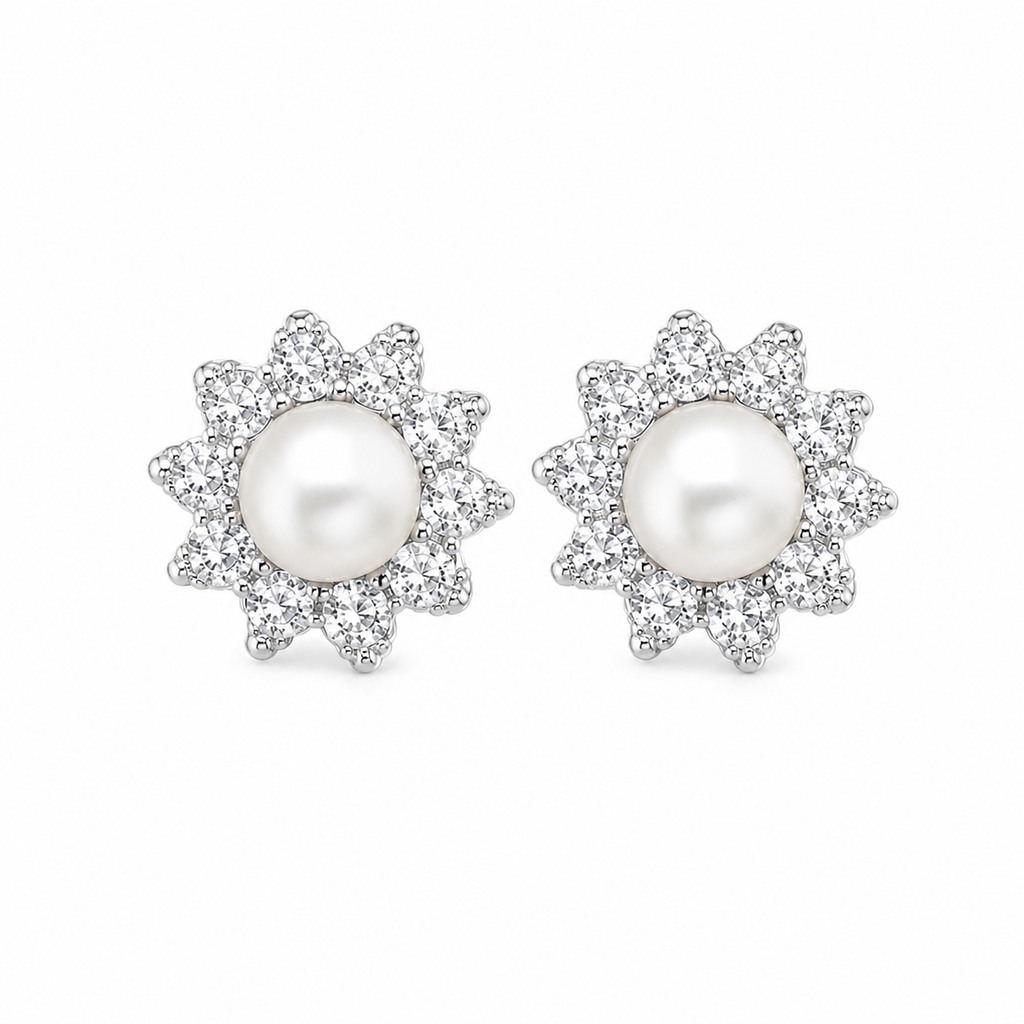 Sterling Silver Freshwater Pearl & White Zirconia Cluster Stud Earrings