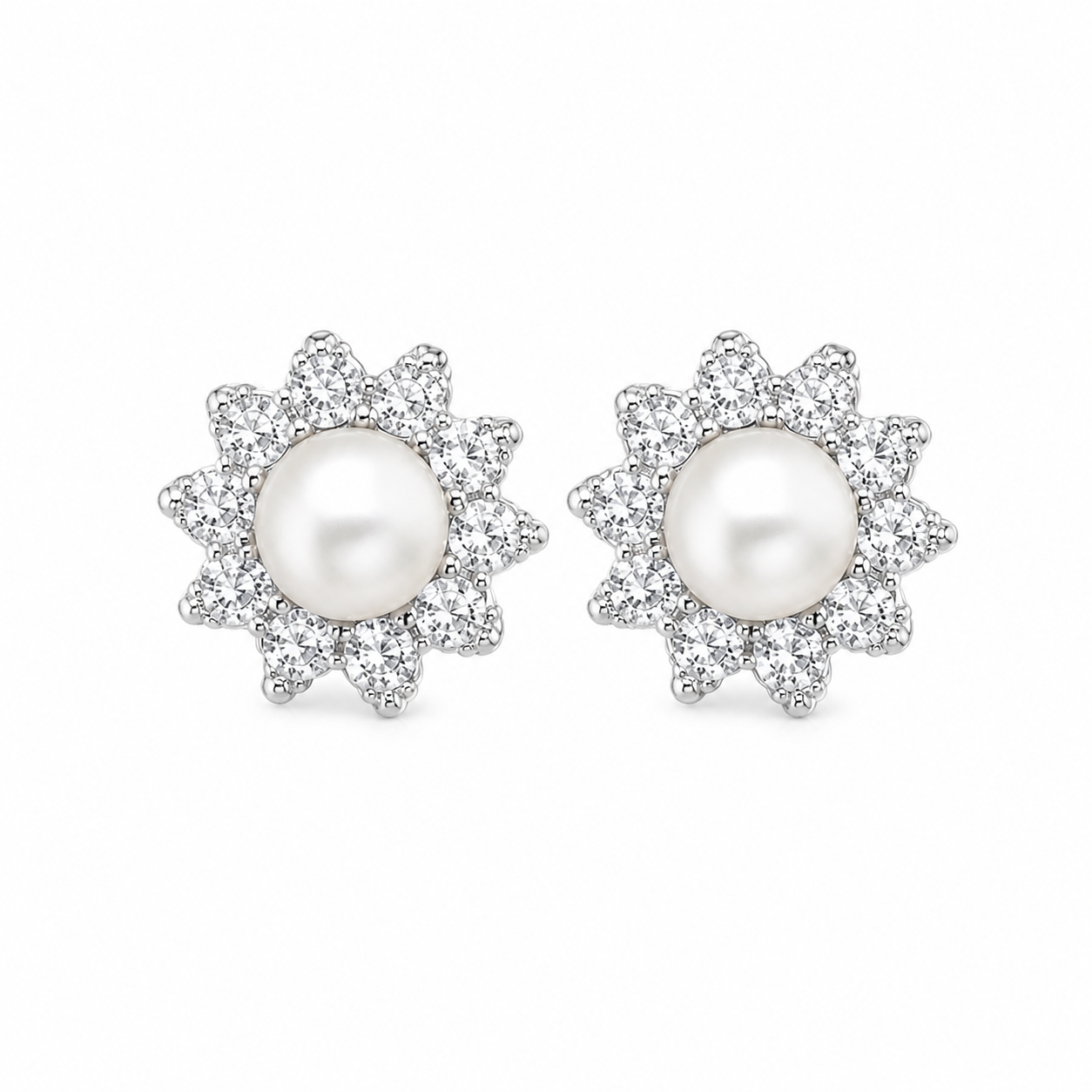 Sterling Silver Freshwater Pearl & White Zirconia Cluster Stud Earrings