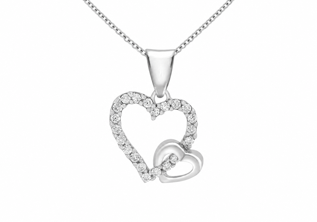 9ct White Gold Zirconia Interlocking Double Heart Pendant