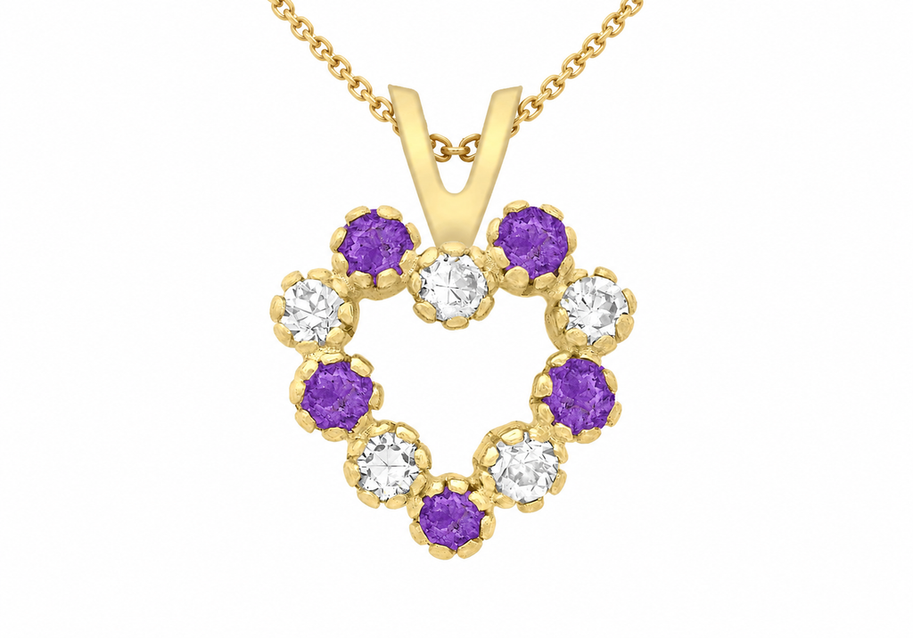 9ct Yellow Gold Purple & White Zirconia Open Heart Pendant