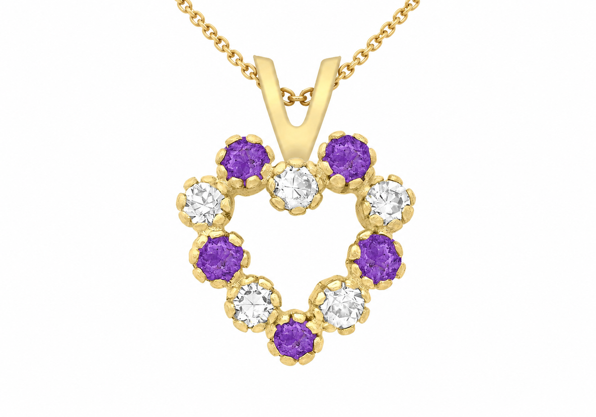 9ct Yellow Gold Purple & White Zirconia Open Heart Pendant