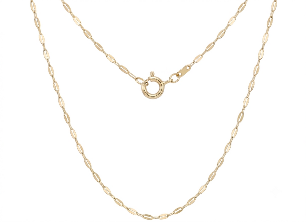 A delicate yellow gold chain necklace with a central ring clasp, displayed against a solid white background.