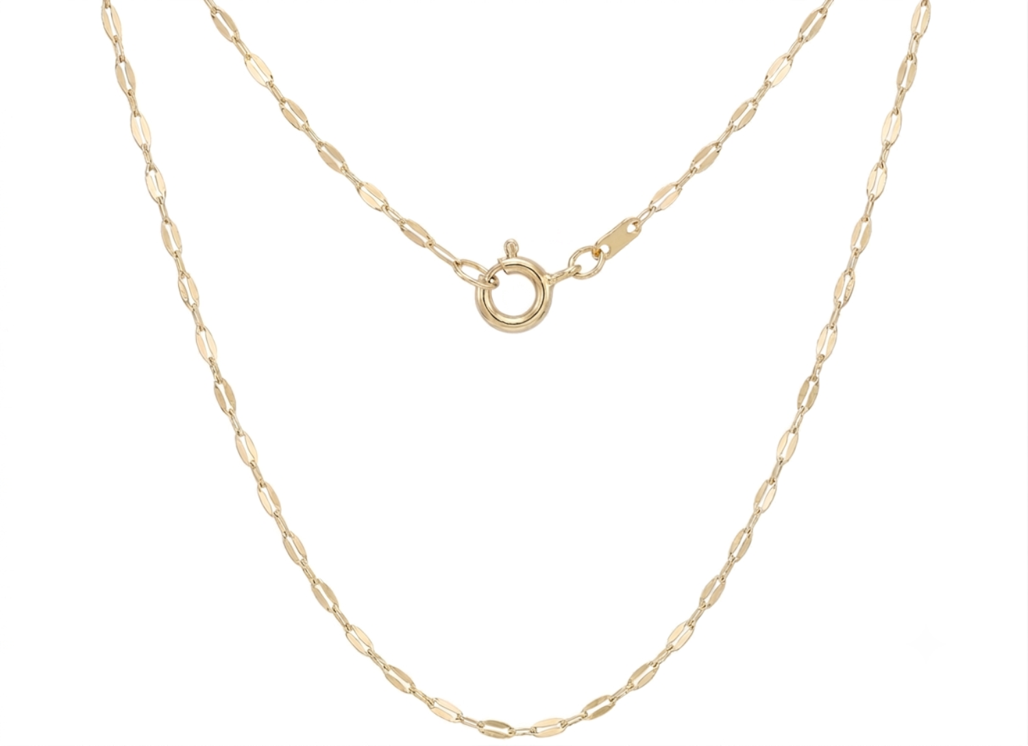 A delicate yellow gold chain necklace with a central ring clasp, displayed against a solid white background.