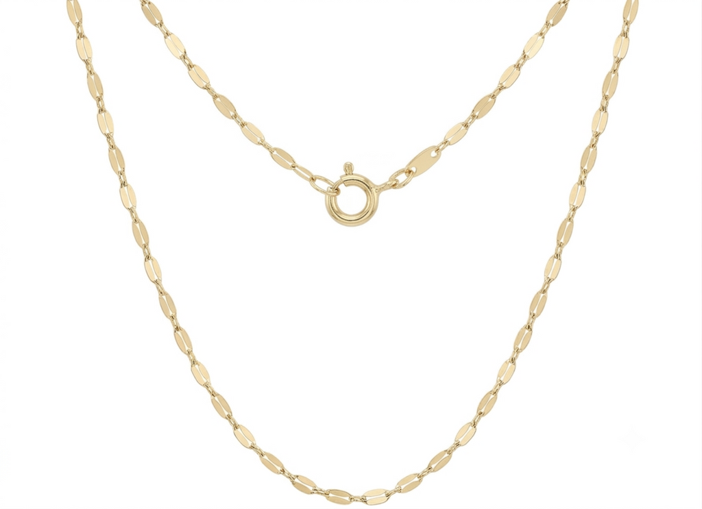 A yellow gold chain necklace featuring a flat, elongated oval link design and a central ring clasp, shown against a plain white background.