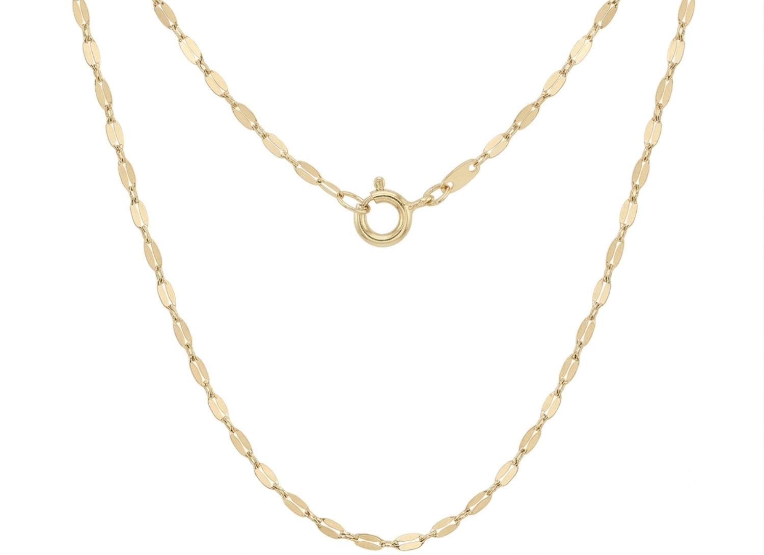 A yellow gold chain necklace featuring a flat, elongated oval link design and a central ring clasp, shown against a plain white background.