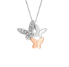 A butterfly pendant necklace featuring three butterfly wings in silver, white, and rose gold tones, with one wing set with small clear stones, suspended from a silver chain against a gray gradient background.