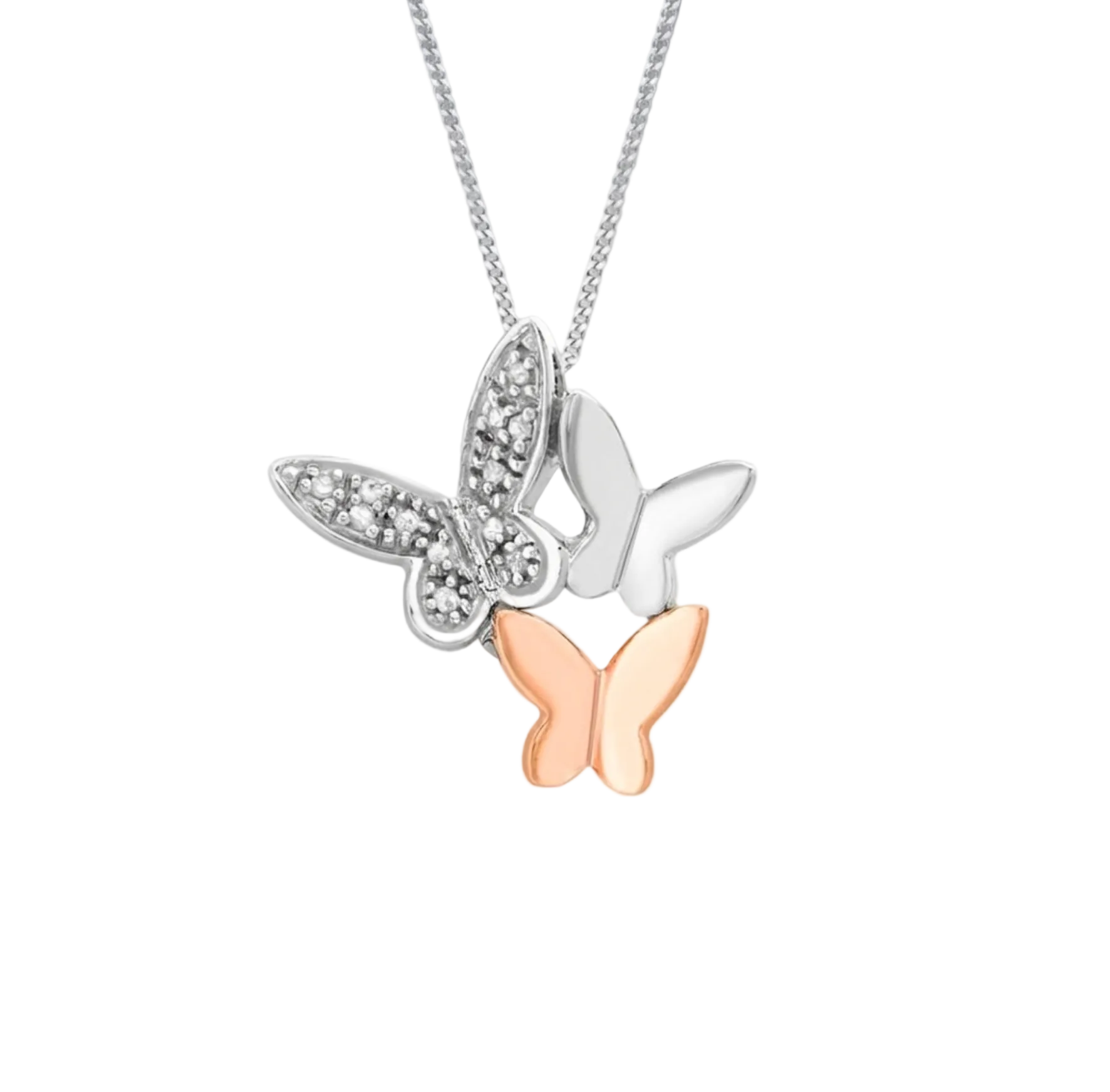 A butterfly pendant necklace featuring three butterfly wings in silver, white, and rose gold tones, with one wing set with small clear stones, suspended from a silver chain against a gray gradient background.