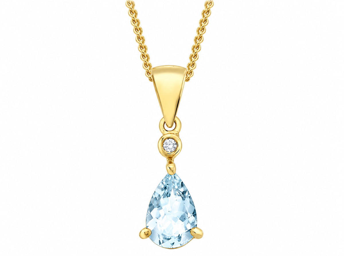 9-каратово жълто злато висулка с крушовиден диамант 0,005 ct и аквамарин