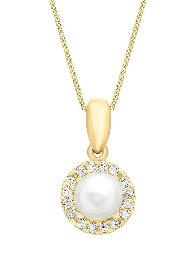 9ct Yellow Gold Freshwater Pearl & Zirconia Halo Pendant