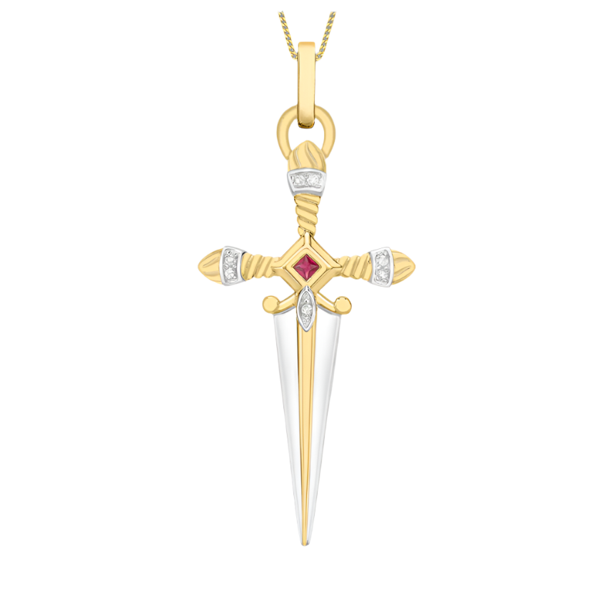 9ct Two-Tone Gold 0.05ct Diamond & Ruby Dagger Pendant