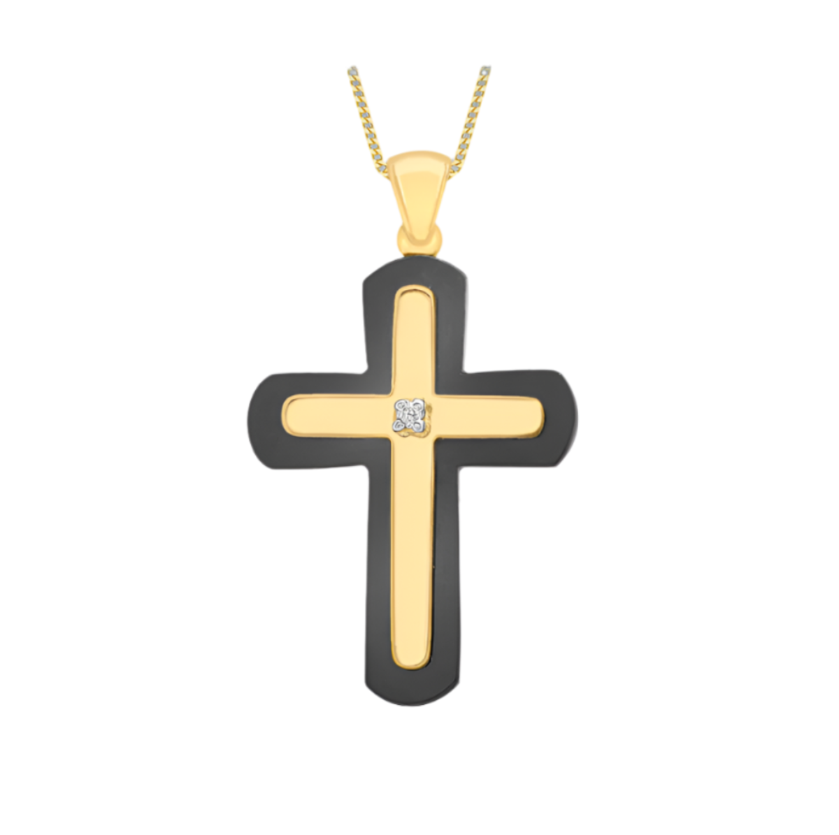 9ct Yellow Gold 0.01ct Diamond and Onyx Cross Pendant