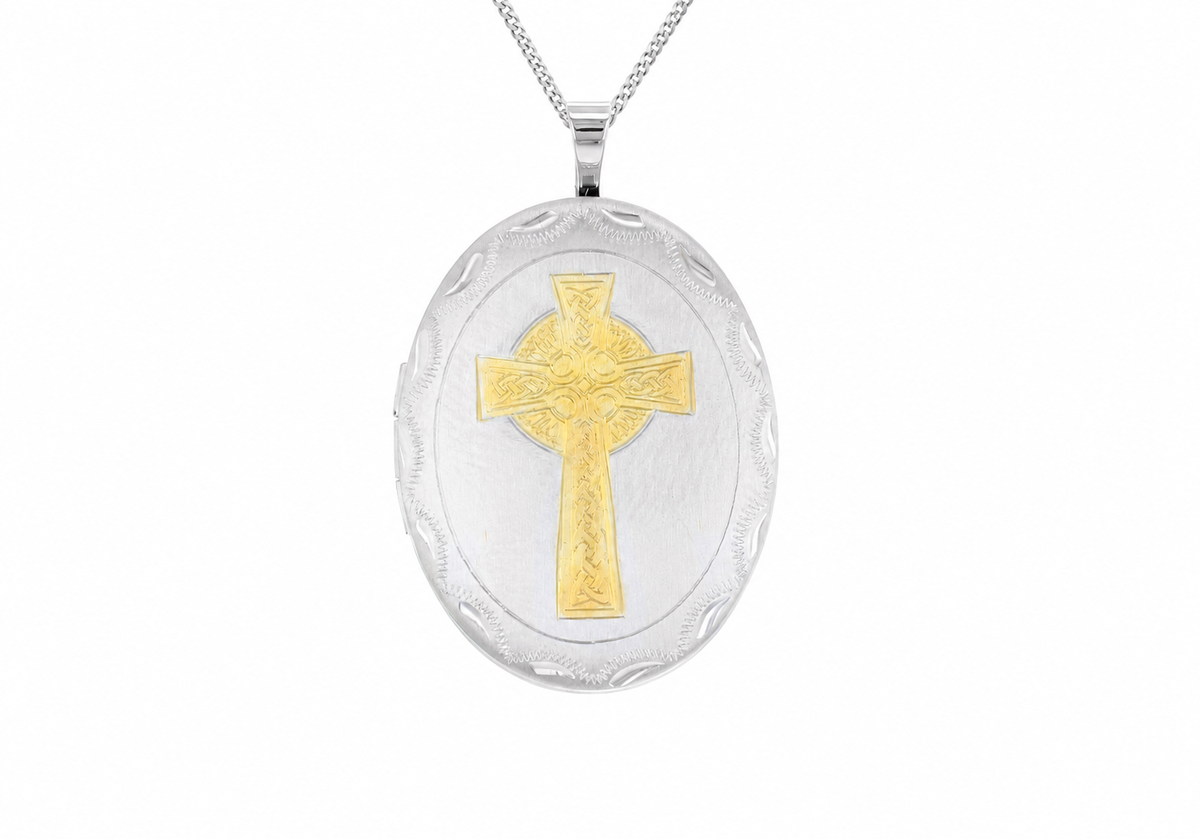 Sterling Silver Etched Celtic Cross Detail Oval Locket