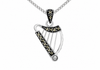 A silver harp-shaped pendant necklace embellished with small dark gemstones, hanging from a silver chain against a plain white background.