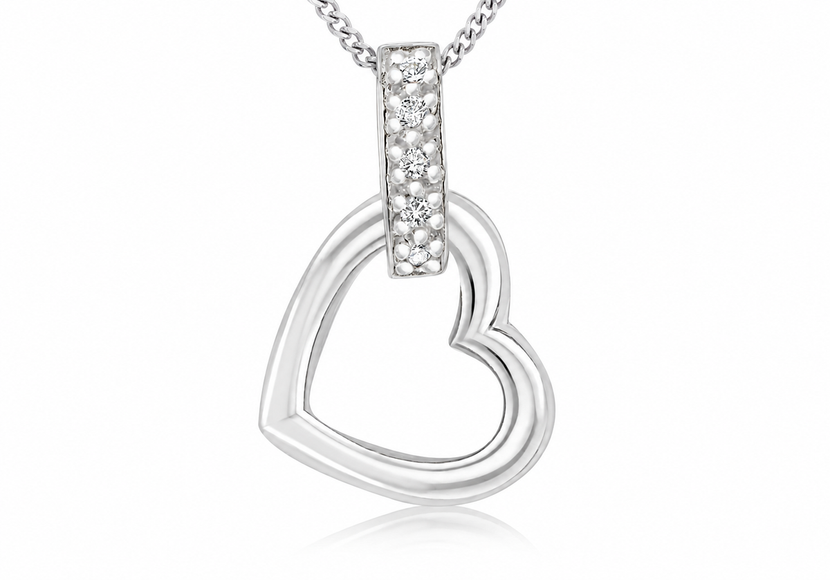 Sterling Silver Open Heart Zirconia Bail Pendant Necklace 