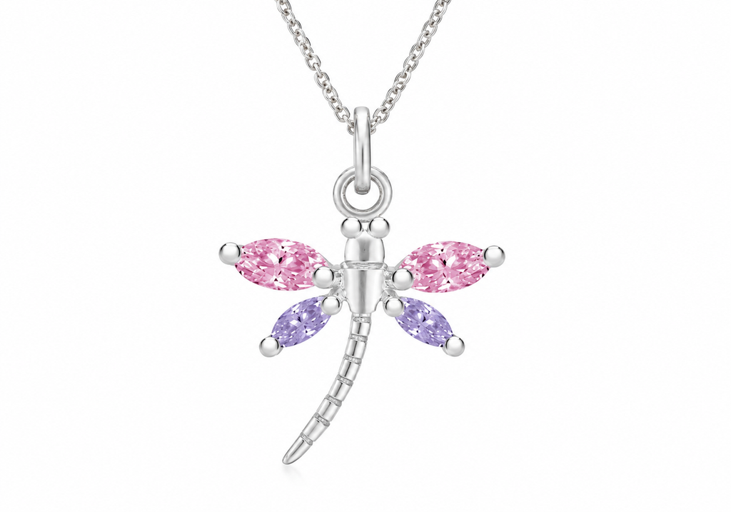 A silver dragonfly pendant necklace featuring pink marquise-cut gemstones on the upper wings and purple marquise-cut gemstones on the lower wings, shown on a clean white background.