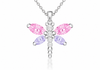 A silver dragonfly pendant necklace featuring marquise-cut pink and lavender gemstones with a central cluster of clear round stones, shown on a white background.