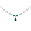 Silver-toned necklace featuring a leafy chain design with clear stones and a central green emerald pendant, shown on a plain white background.