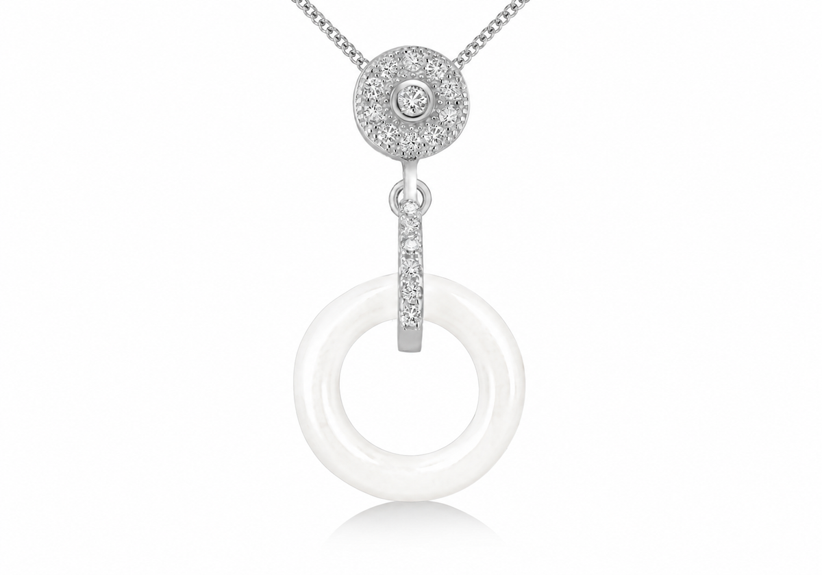 Sterling Silver Rhodium-Plated White Ceramic & Zirconia Halo Drop Pendant
