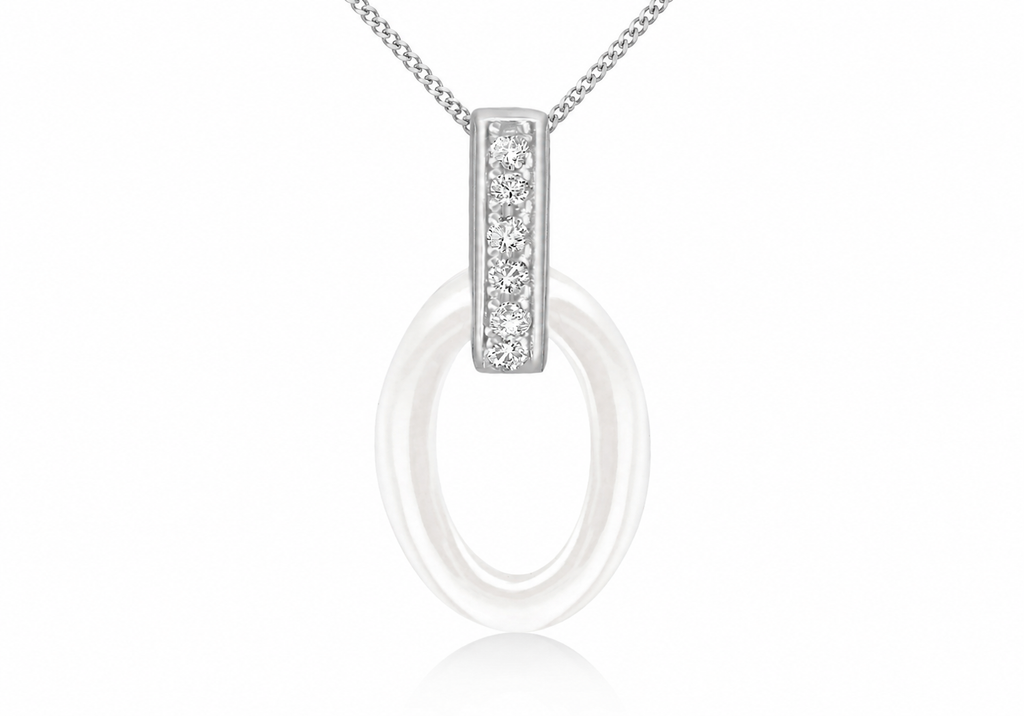 Sterling Silver Rhodium Plated Oval White Ceramic Zirconia Set Pendant