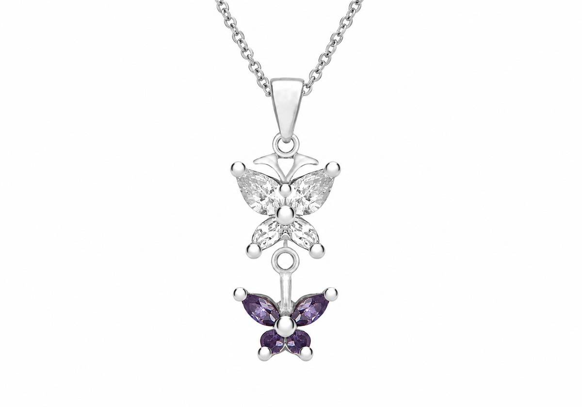 A silver butterfly pendant necklace featuring a larger clear crystal butterfly above a smaller purple amethyst butterfly, suspended from a silver chain on a white background.