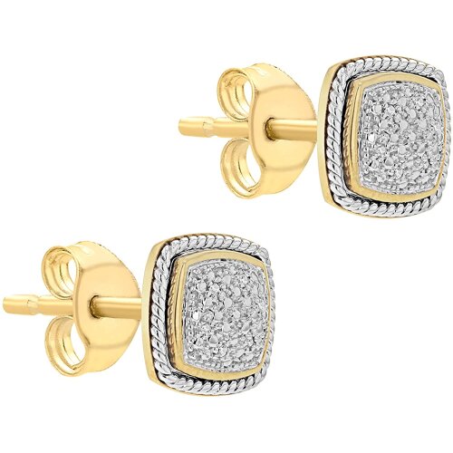 9ct Two-Tone Gold 0.04ct Diamond Square Pave Set Stud Earrings