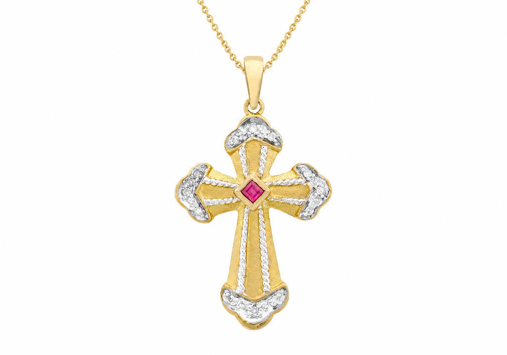 9ct Yellow Gold 0.07ct Diamond & Ruby Cross Pendant