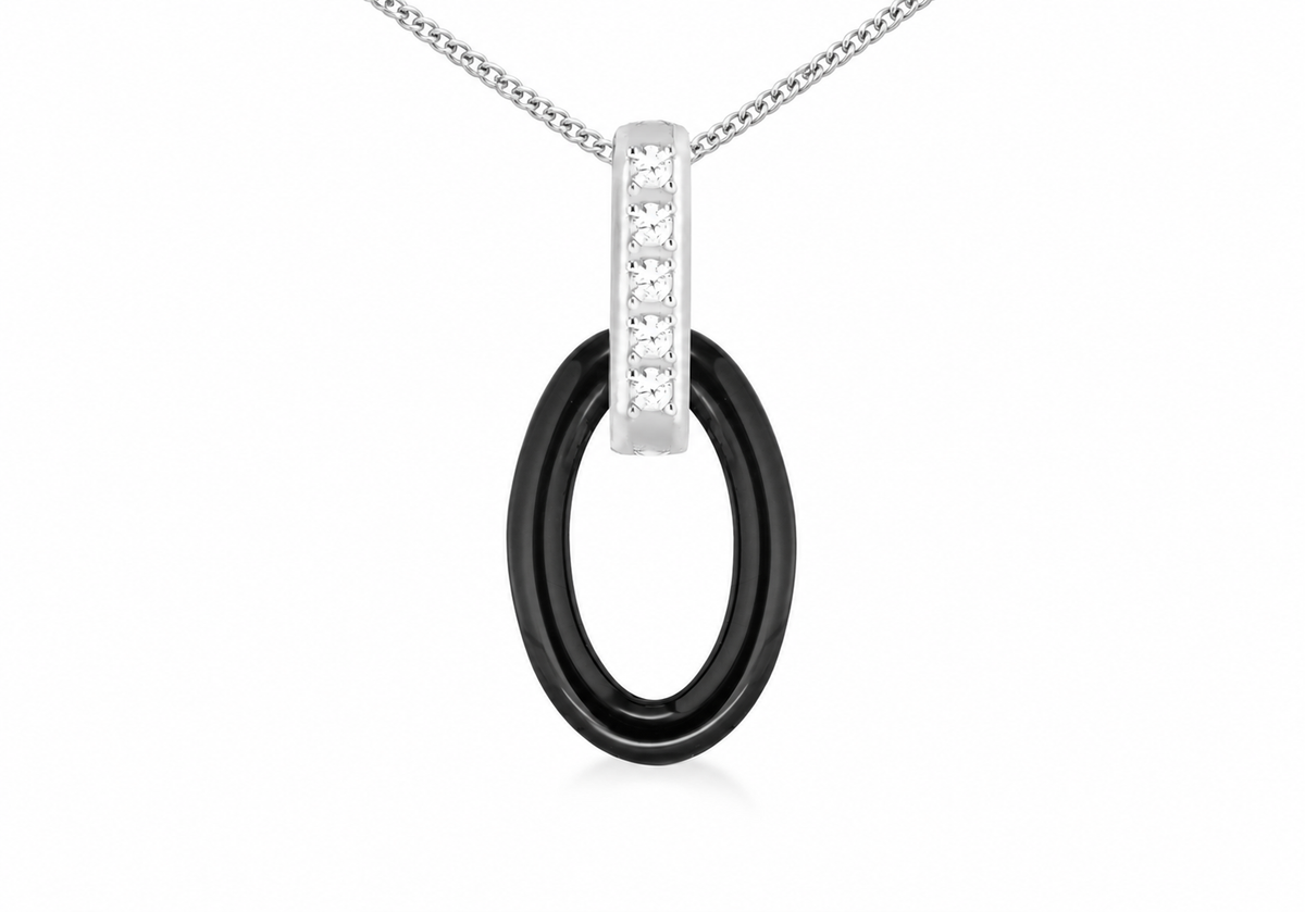 Sterling Silver Rhodium Plated Oval Black Ceramic Zirconia Pendant