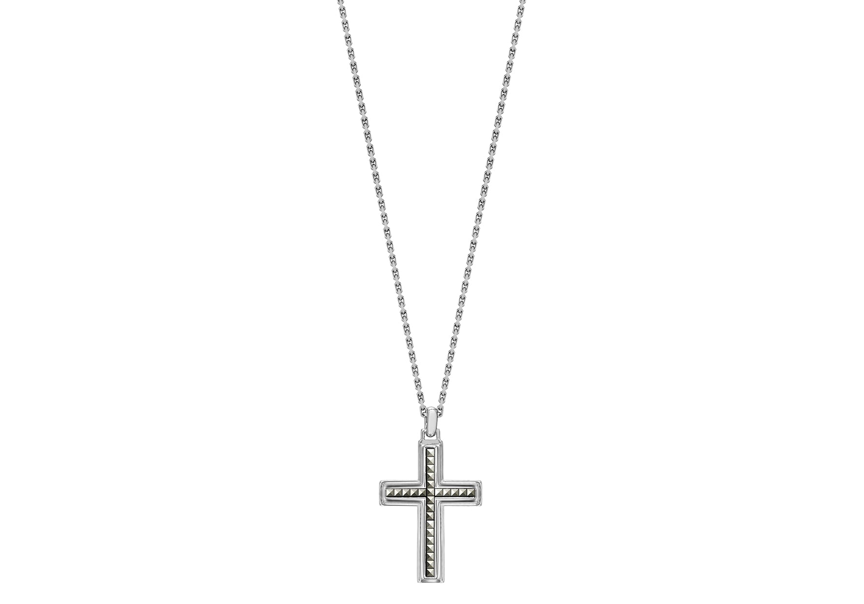Hoxton London Men's Sterling Silver Pyramid Marasite-Set Cross Adjustable Necklace