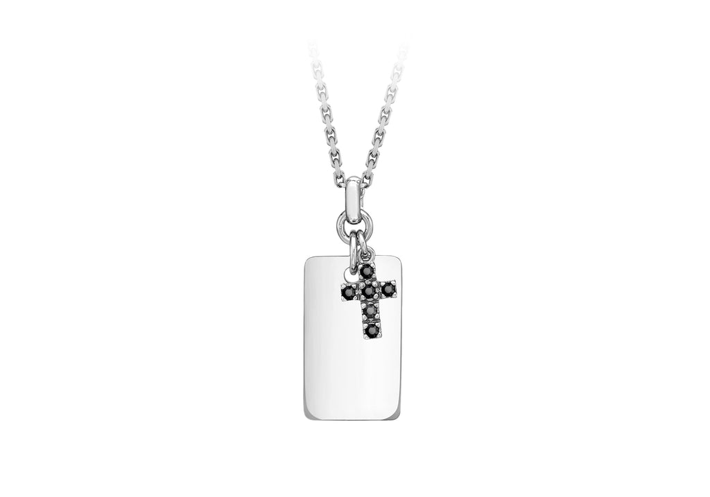 Hoxton London Men's Sterling Silver Black Sapphire Set Cross and Dog Tag Adjustable Necklace