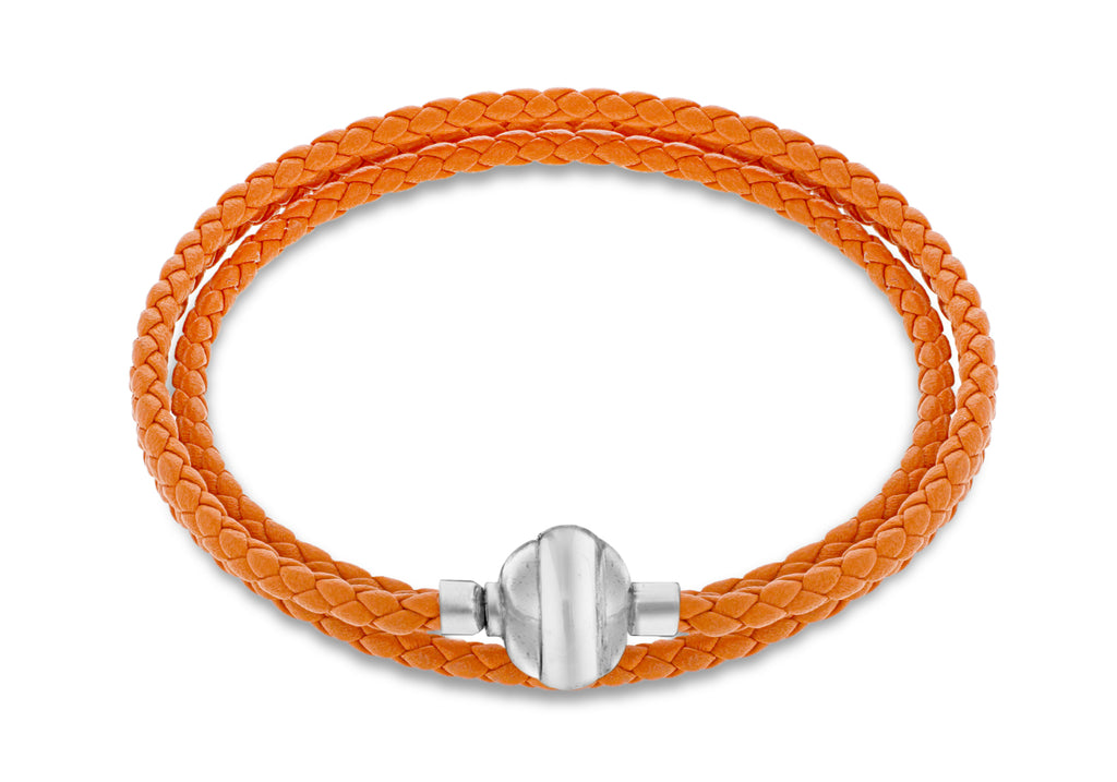 Sterling Silver Orange Plaited Leather Wrap Bracelet 61m/24"9