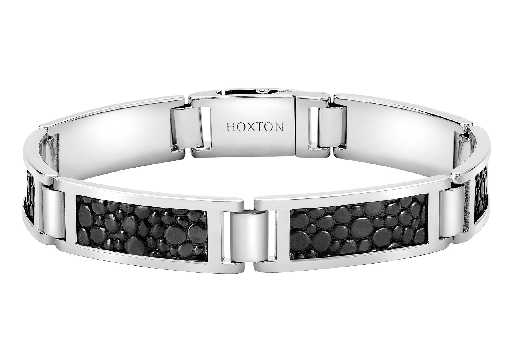 Hoxton London Men's Sterling Silver Black Link Leather Inlay Bracelet