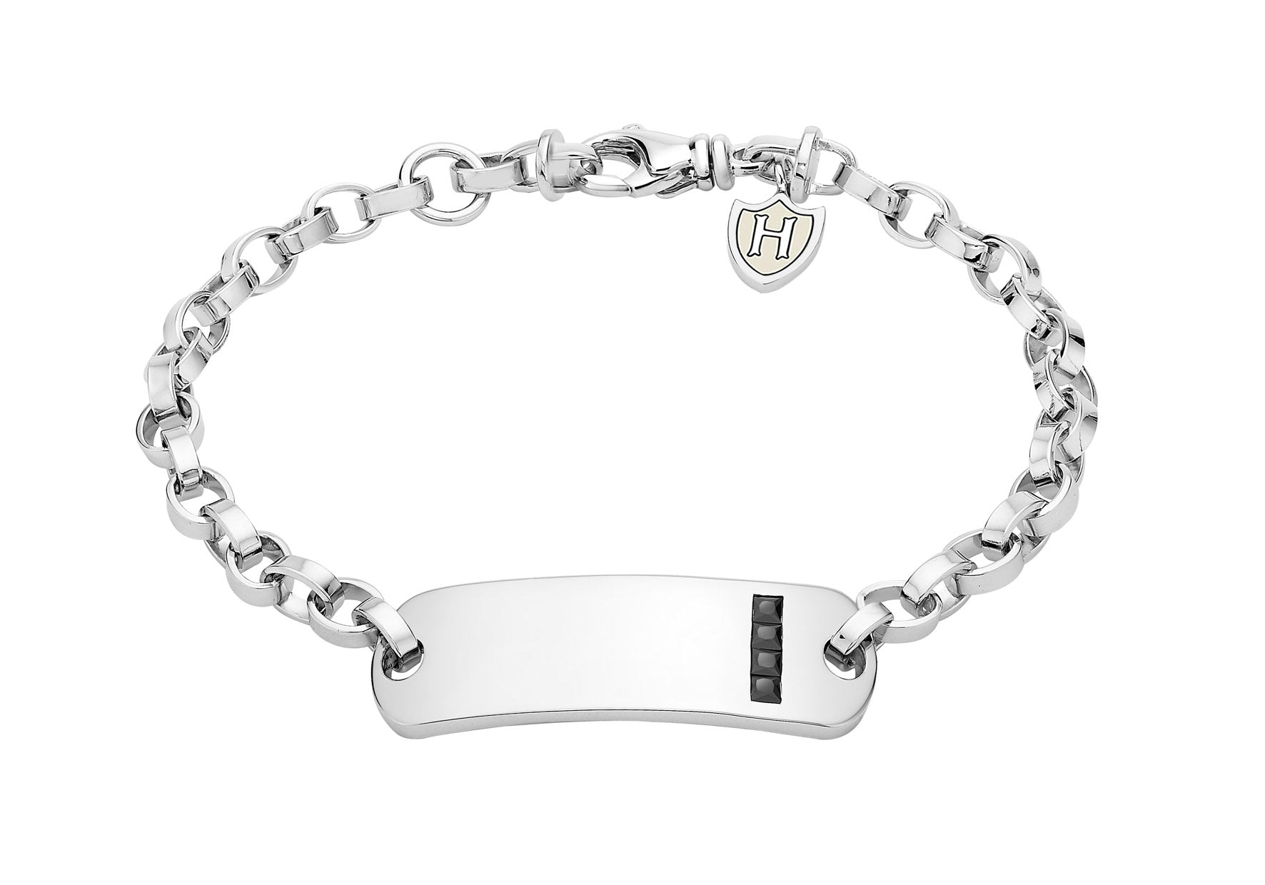 Hoxton London Men's Sterling Silver Stone Black Zirconia  ID Adjustable Bracelet