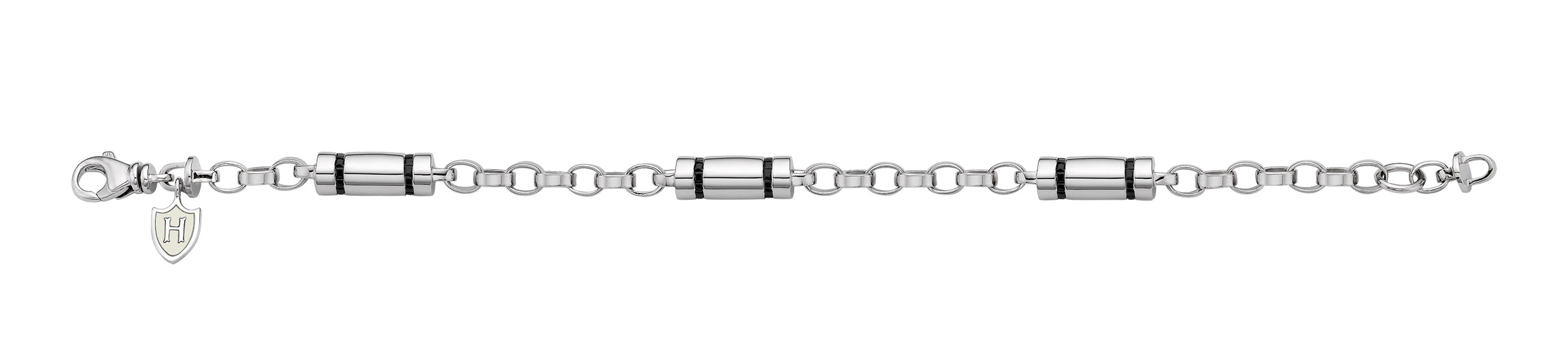 Hoxton London Men's Sterling Silver Stone Black Zirconia  ylindrial Link Bracelet