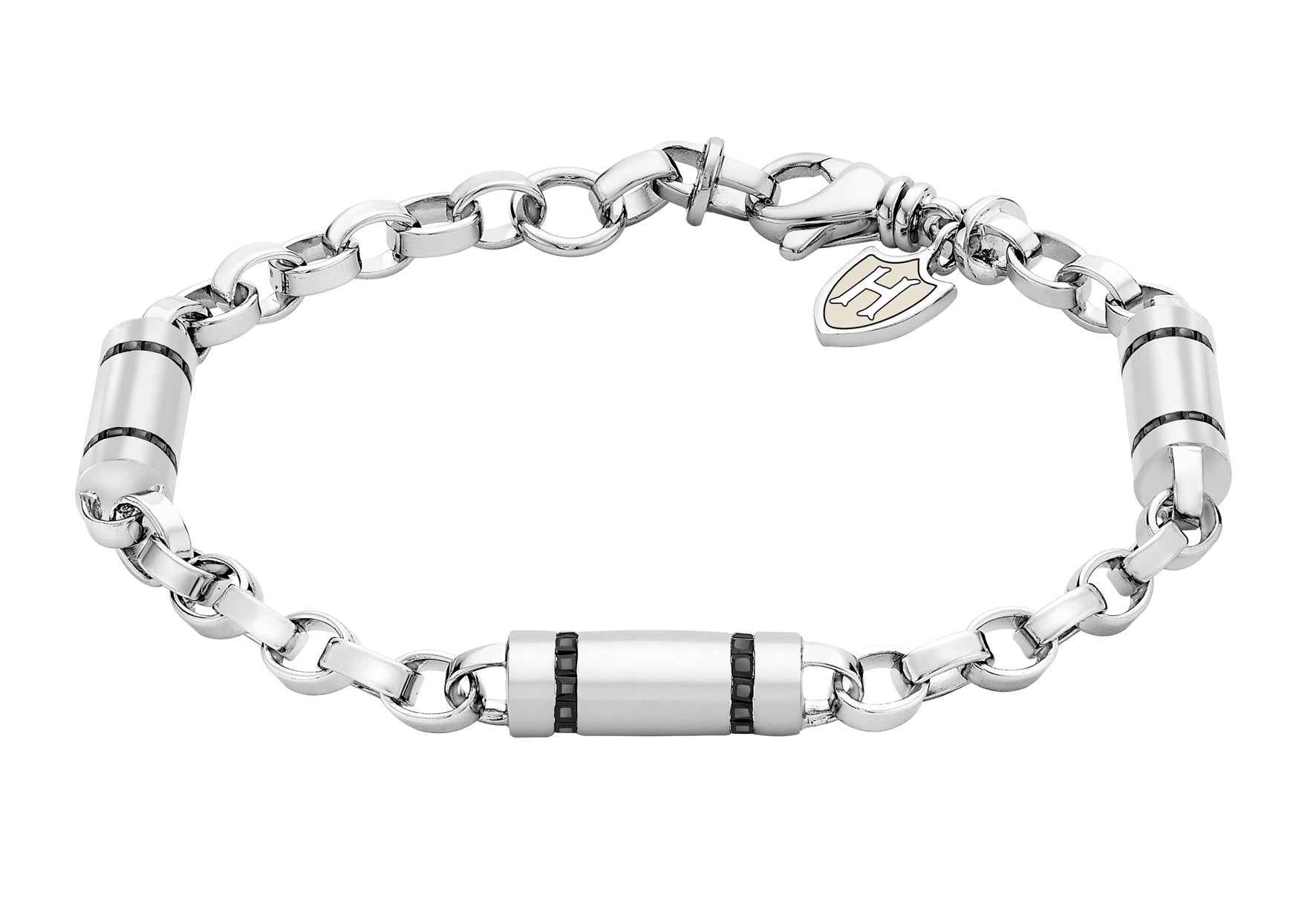 Hoxton London Men's Sterling Silver Stone Black Zirconia  ylindrial Link Bracelet