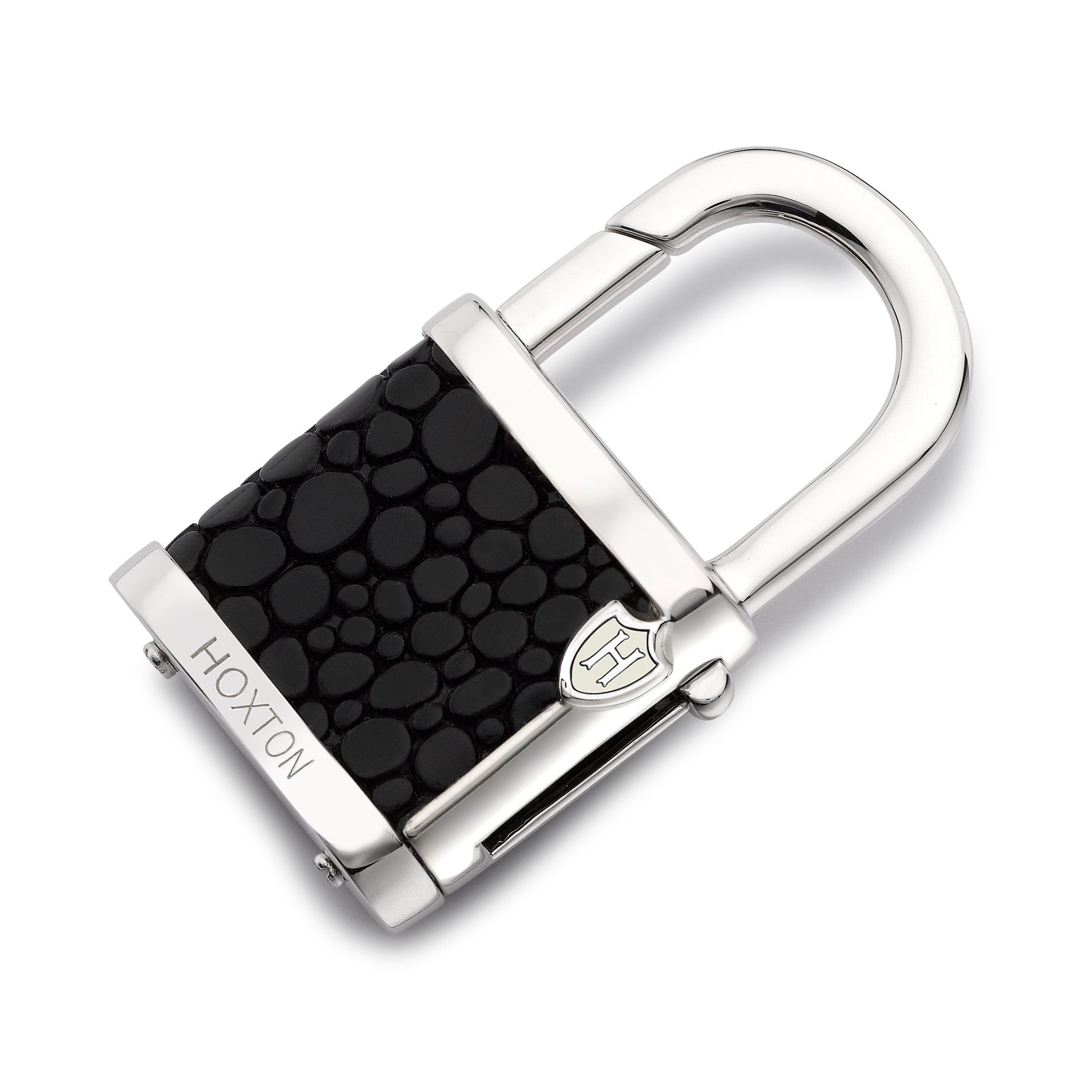 Hoxton London Men's Sterling Silver Black Leather Inlay Padlok KeyRing