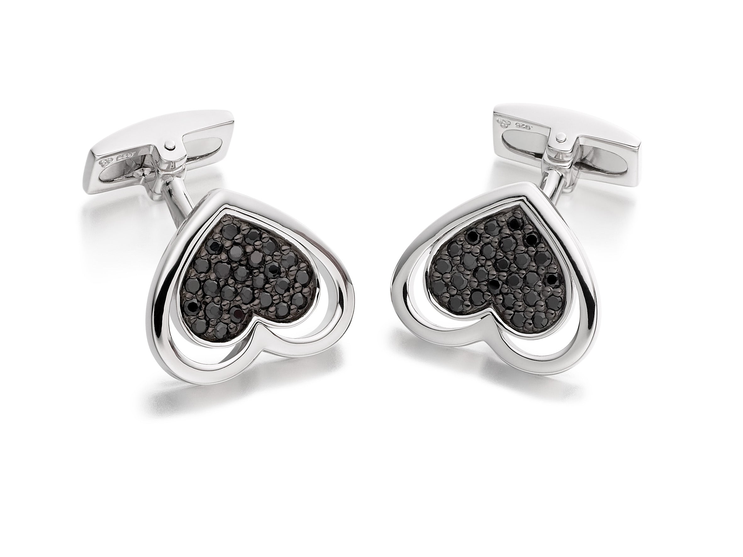 Hoxton London Men's Sterling Silver Heart Black Zirconia  Cufflinks