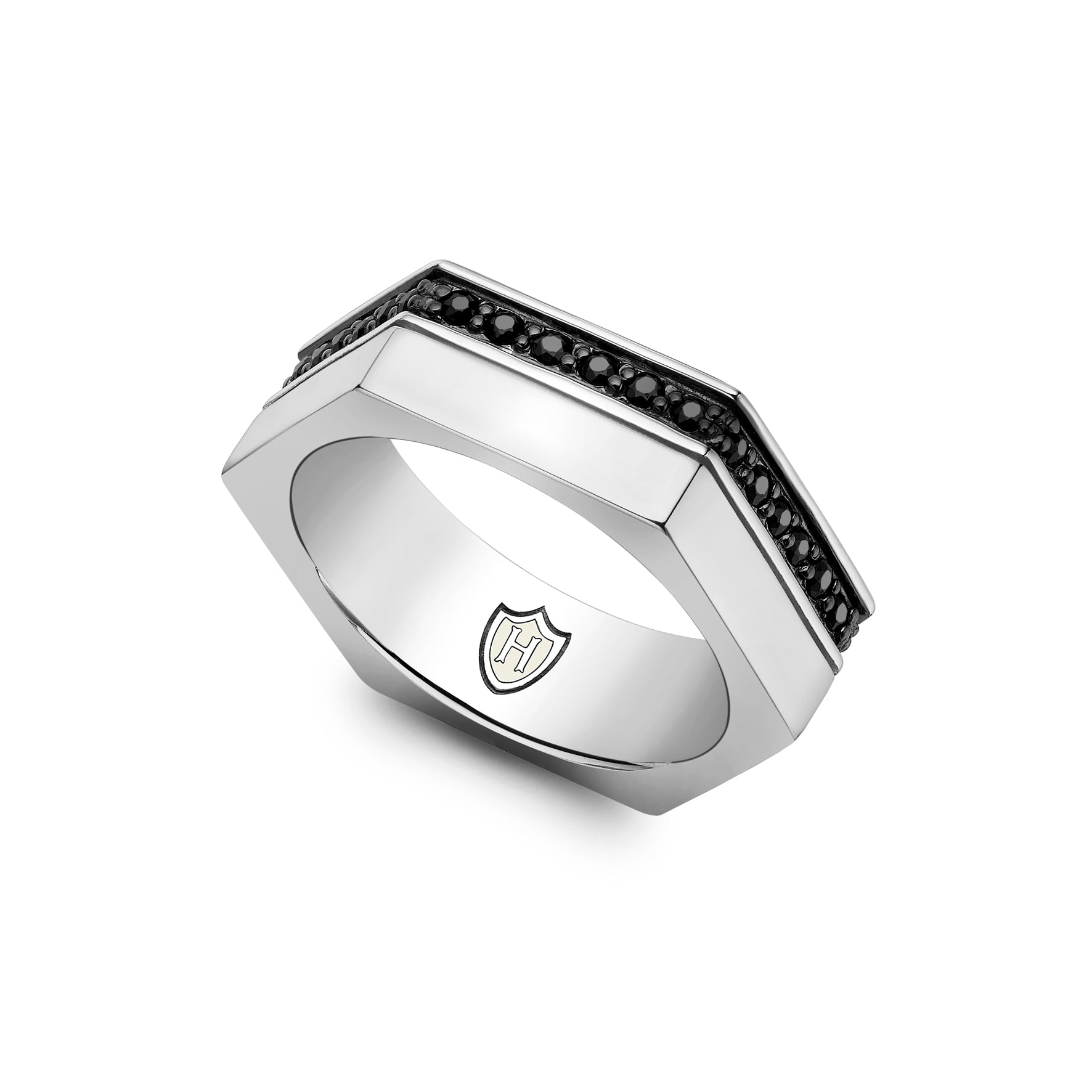 Hoxton London Men's Sterling Silver Black Sapphire Set Hexagonal Ring