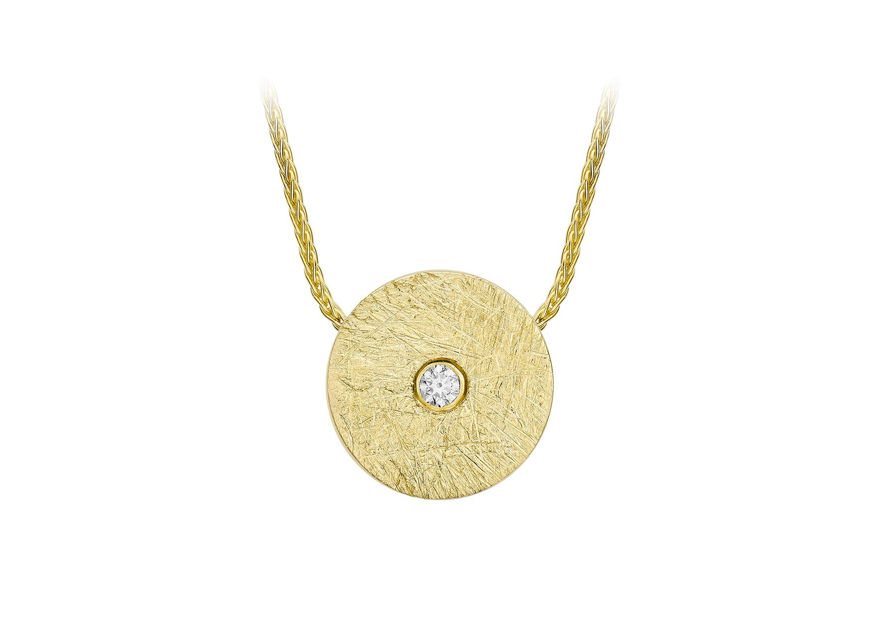 9ct Yellow Gold Zirconia Brushed Disc Spiga Wheat Chain Necklace