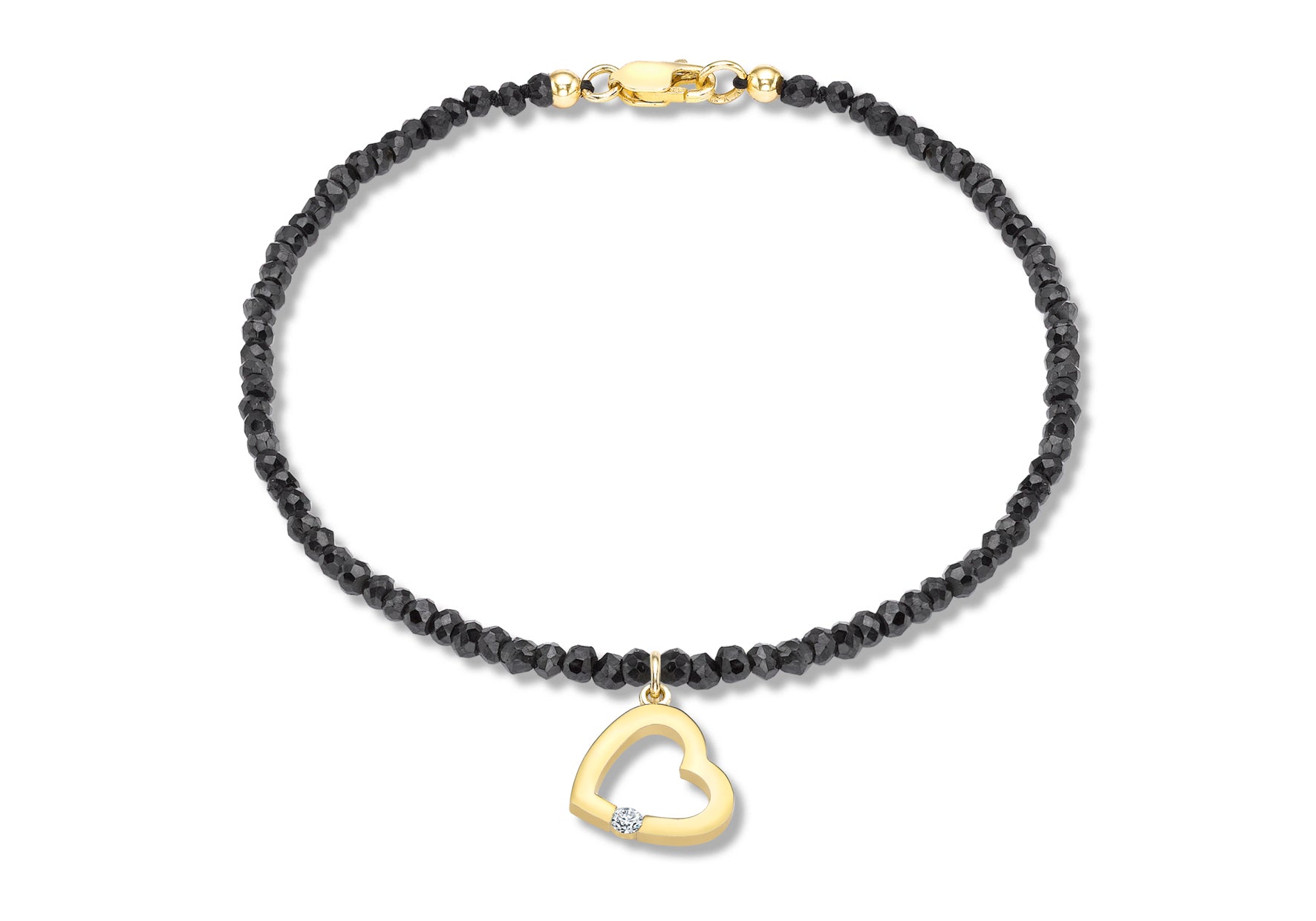 9ct Yellow Gold 0.03t Diamond Set Heart Charm on Black Spinel 19m/7.5"9