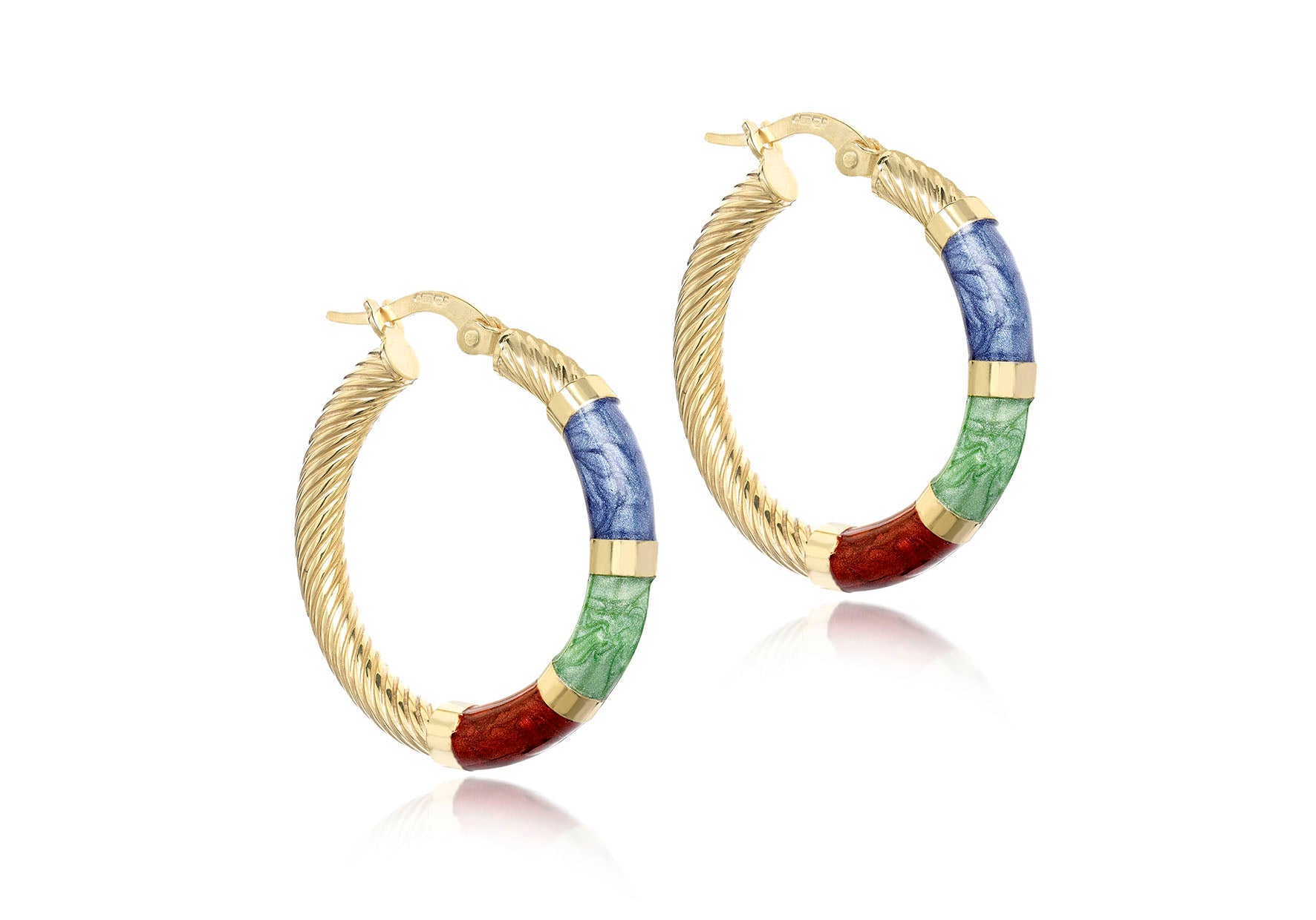 9ct Yellow Gold Blue, Green & Red Glaze Twist Hoop Earrings