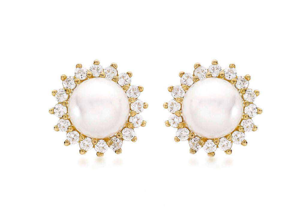 9ct Yellow Gold 12mm Pearl and Zirconia  Cluster Stud Earrings