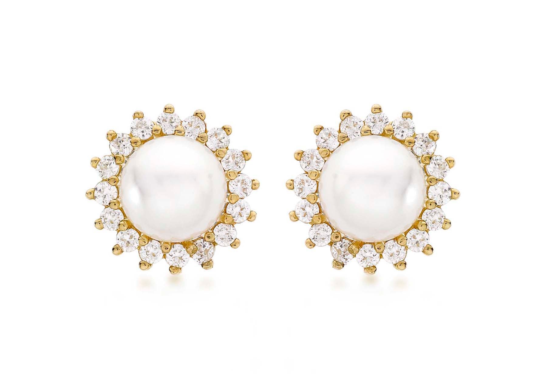 9ct Yellow Gold 12mm Pearl and Zirconia  Cluster Stud Earrings