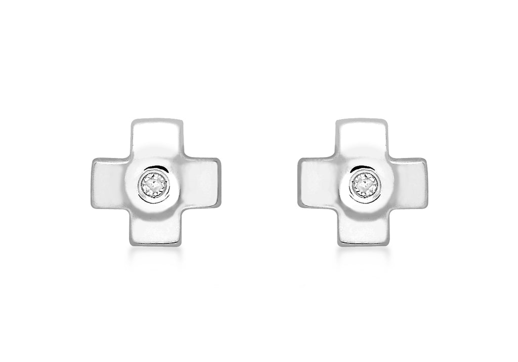 9ct White Gold 0.019ct Diamond Small Cross Stud Earrings