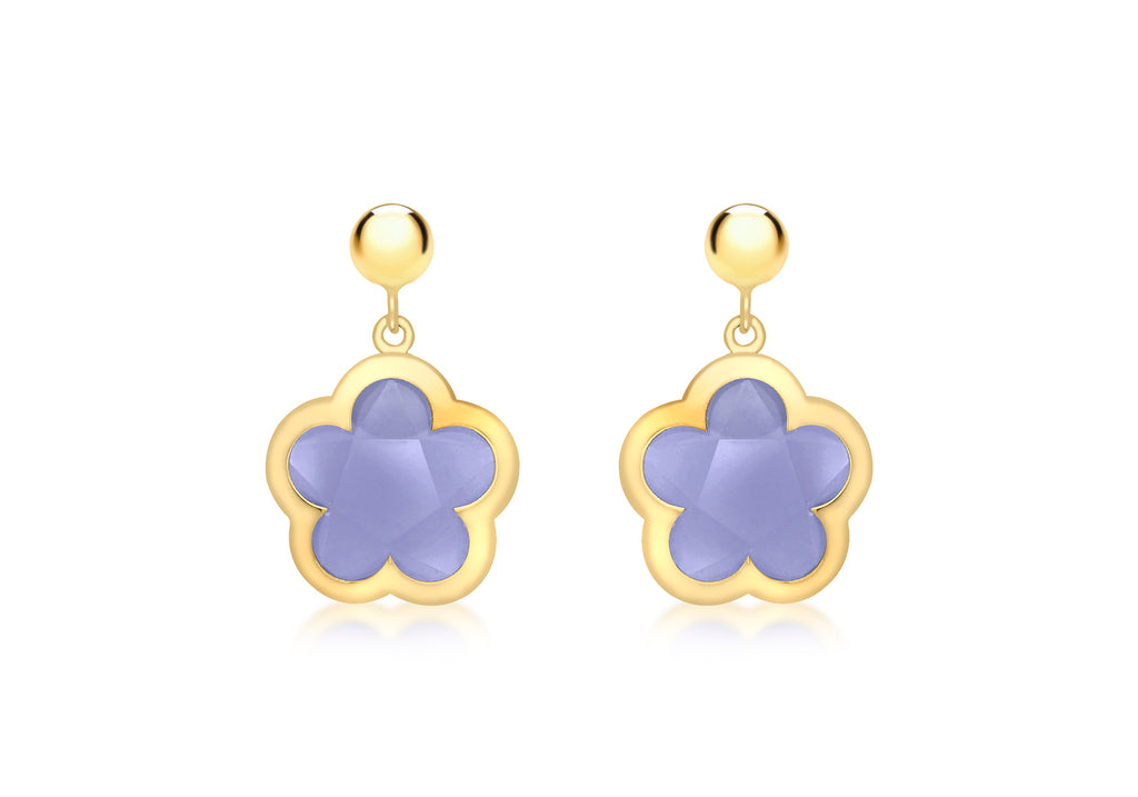 9ct Yellow Gold Blue Crystal Flower and Ball Drop Earrings