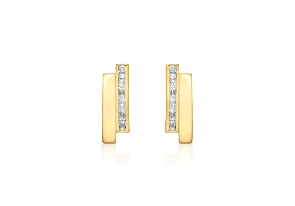 9ct Yellow Gold Double Bar Zirconia  Stud Earrings